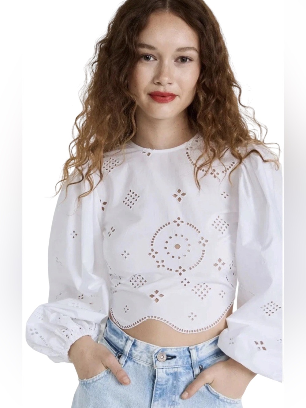 Ganni Women's Whitey Broderie Anglaise Cropped Blouse Top Sz XL